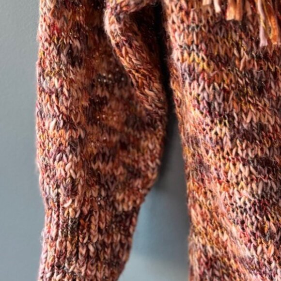 New York & Co L Brown Orange Shawl Collar Fringe Ribbed Fall Knit Boho Heritage - Picture 2 of 5